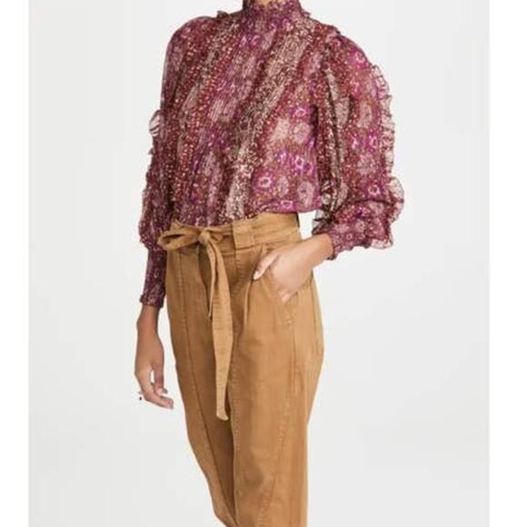 ULLA JOHNSON Elita Ruffle Long Sleeve Blouse Claret Patchwork Size 0 XS Preowned - Picture 5 of 15